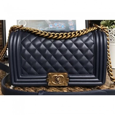 AAA 1:1 Chanel Lambskin Boy Flap Medium Bag Navy Blue/Gold CE02481