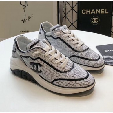 AAA Chanel CC Logo Sequins & Leather Sneakers G35936 White/Black 2020 Collection CE01026