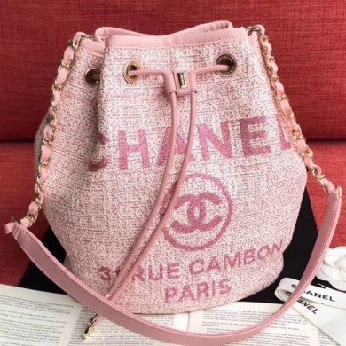 AAA Knockoff Chanel Fabric Logo Print Small Drawstring Bucket Bag Pink 2019 Collection CE01060