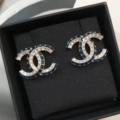 AAA Replica Chanel Double Square Crystal CC Earrings Crystal White/Dark Blue 2019 Collection CE02996