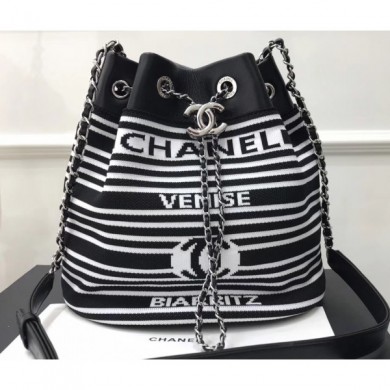 AAAAA Chanel Venise Biarritz Mixed Fibers Drawstring Bag AS0464 Black/White 2019 CE02276