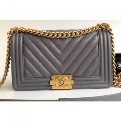 Best Chanel Caviar Leather Chevron Boy Flap Medium Bag Gray/Gold CE02087