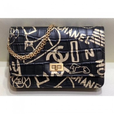 Best Chanel Reissue 2.55 Crocodile Embossed Printed Leather Wallet on Chain WOC Bag A70328 Black 2019 CE01372