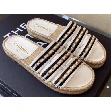 Best Quality Imitation Chanel Top Quality Chain Lambskin Espadrilles Mules G35931 White/Black 2020 CE03171