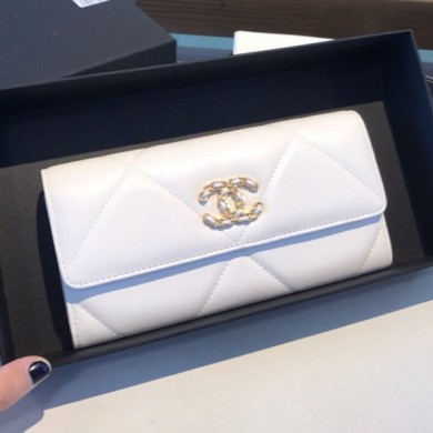 Chanel 19 Goatskin Long Flap Wallet AP0955 White 2019 Collection CE02314