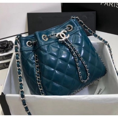 Chanel Aged Calfskin Drawstring Bag With Chain Edge AS1803 Blue 2020 Collection CE00718