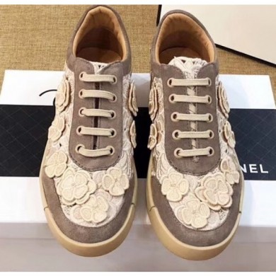 Chanel Camellia Embroidery Lace-Ups G34815 Coffee 2019 CE04337