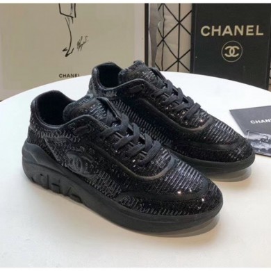 Chanel CC Logo Sequins & Leather Sneakers G35936 Black 2020 Collection CE01328