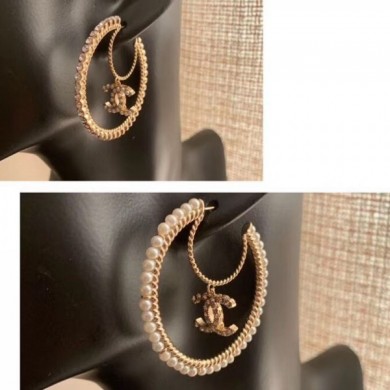 Chanel CC Pendant Pearl Crystal Hoop Earrings AB3193 2019 Collection CE00591