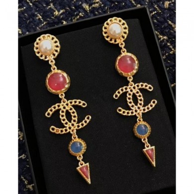 Chanel CC Triangle Pendant Clip-on Earrings AB0281 Gold/Red/Blue/Pearly White 2018 CE04315