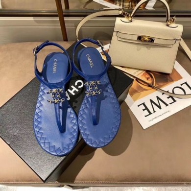 Chanel Chain CC Logo Thong Sandals denim blue 2020 CE01955