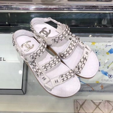 Chanel Chain Leather Strap Flat Sandals White 2020 Collection CE02882