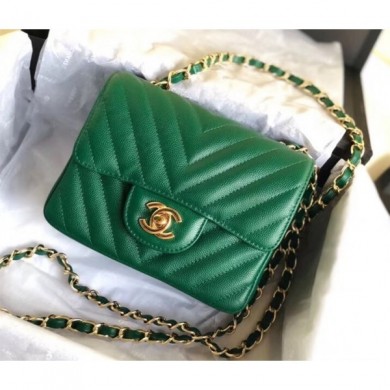 Chanel chevron caviar leather 1115 classic flap bag green with golden hardware CE02672