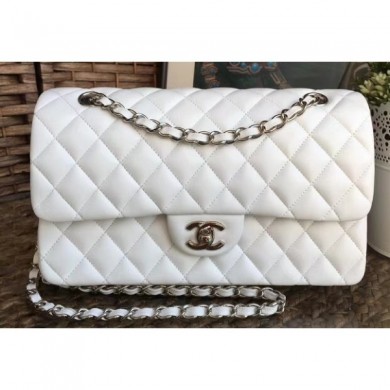 Chanel Classic Flap Medium Bag A1112 White in Sheepskin Leather with Silver Hardware CE03284