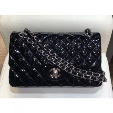 Chanel Classic Flap Medium Bag Black in Patent Leather with Silver Hardware CE03366