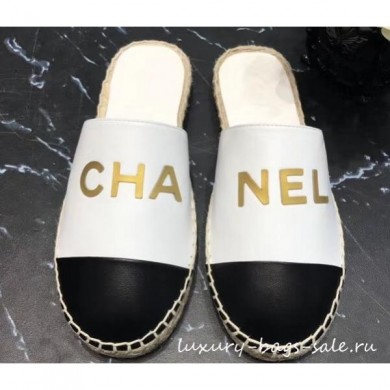 Chanel Gold Logo Espadrilles Mules White/Black 2019 CE02267