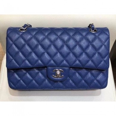 Chanel Grained Caflskin Medium Classic Flap Bag A01112 Blue With Silver Hardware CE00757