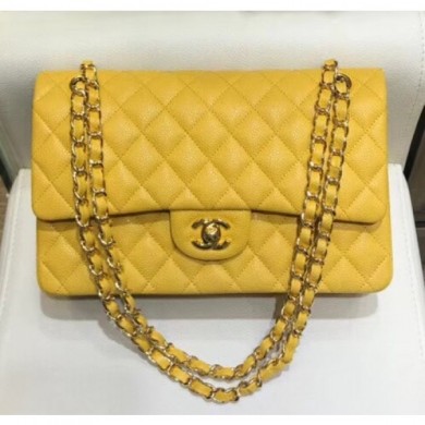 Chanel Grained Caflskin Medium Classic Flap Bag A01112 Yellow With Gold Hardware CE00657