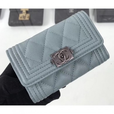 Chanel Grained Calfskin Boy Flap Card Holder A80603 Gray/Silver CE01723