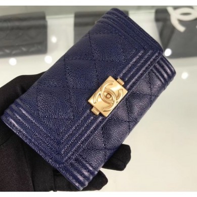 Chanel Grained Calfskin Boy Flap Card Holder A80603 Navy Blue/Gold CE01616