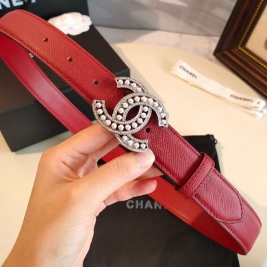 Chanel Grianed Calfskin Belt 30mm with Pearl CC Buckle Red 2019 Collection CE03835