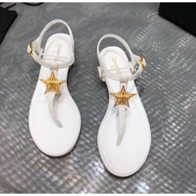 Chanel Grosgrain & Goatskin Flat Sandals With Star Buckle White 2020 Collection CE02783