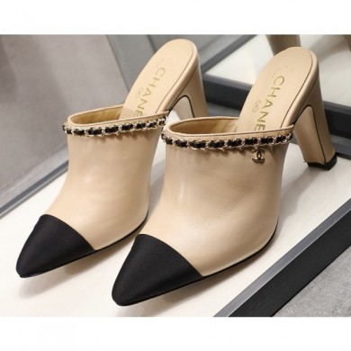 Chanel Heel 8.5cm Chain Mules Beige 2020 CE03061