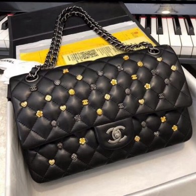 Chanel Lambskin 18k Charms Medium Classic Flap Bag A01112 Black 2018(Silver-Tone Metal) Collection CE02231