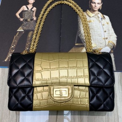 Chanel Lambskin and Crocodile Embossed Calfskin Medium 2.55 Flap Bag A37586 Black/Gold 2019 Collection CE03387
