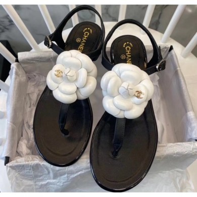 Chanel Lambskin Classic Camellia Thong Sandals Black/White 2020 Collection CE03016