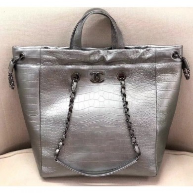 Chanel Metallic Crocodile Embossed Large Shopping Bag AS0801 Gray 2019 CE02620