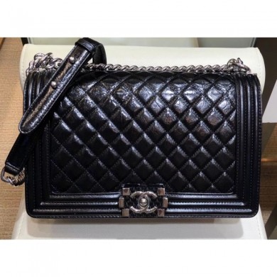 Chanel New Medium Metallic Crumpled Waxy Leather Resin Boy Flap Shoulder Bag Black CE02542