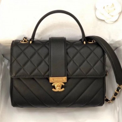 Chanel Quilted and Chevron Calfskin Flap Bag with Top Handle AS0804 Black 2019 Collection CE01235