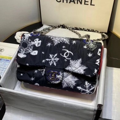 Chanel Quilted Fabric Snowflake Print Medium Flap Bag Black 2020 Collection CE01245