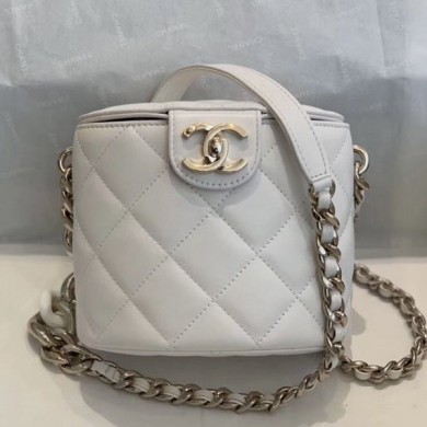 Chanel Quilted Lambskin Chain Round Vanity Case AS1355 White 2019 Collection CE01729