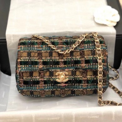 Chanel Quilted Lurex Tweed Small Flap Bag A01112 Green/Gold/Black 2019 Collection CE02340