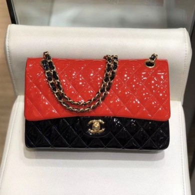 Chanel Quilted Patent Calfskin Medium Classic Flap Bag A01112 Red/Black/Gold 2019 Collection CE02576
