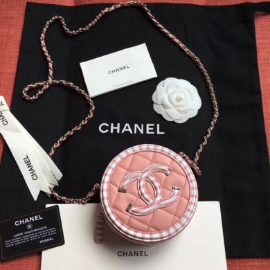 Chanel Striped Grained Calfskin CC Filigree Round Clutch With Chain Bag AP0365 Pink 2019 CE04106