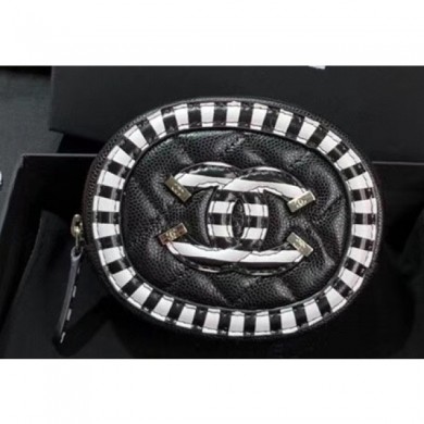 Chanel Striped Grained Calfskin CC Filigree Round Zipped Coin Purse A81458 Black 2019 CE03450