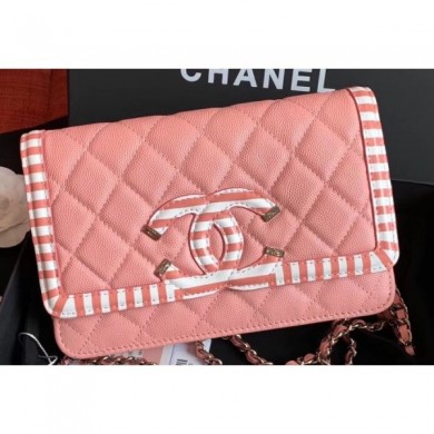 Chanel Striped Grained Calfskin CC Filigree Wallet On Chain Bag A84451 Pink 2019 CE03547
