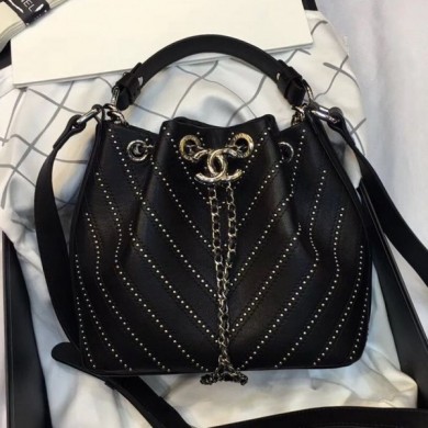 Chanel Studded Chevron Calfskin Bucket Bag Black 2019 Collection CE02565