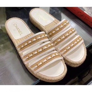 Chanel Top Quality Chain Lambskin Espadrilles Mules G35931 White/Beige 2020 CE02613