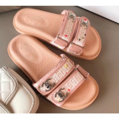 Chanel Tweed CC Logo Magic Loop Mules Slipper Sandals Pink 2020 CE03102