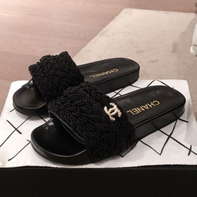 Chanel Tweed Pearls Flat Mule Slide Sandals G35696 Black 2020 Collection CE01020