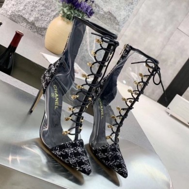 Chanel Tweed Transparent Lace-up High-Heel Short Boots Black 2019 Collection CE00750