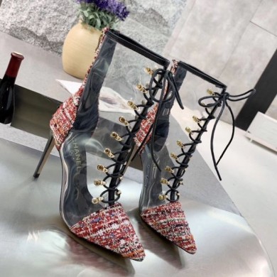 Chanel Tweed Transparent Lace-up High-Heel Short Boots Red 2019 Collection CE02512