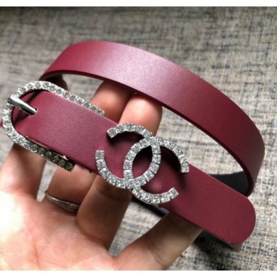 Chanel Width 2cm Leather Belt with Crystal Buckle Burgundy 05 2020 Collection CE04297