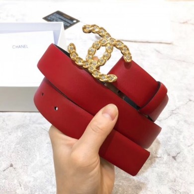 Chanel Width 3cm Calfskin Belt With Crystal CC Buckle Red 2020 Collection Belt CE01272