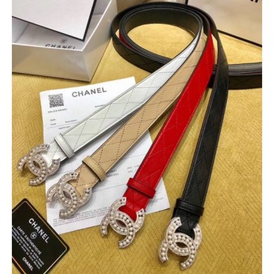 Chanel Width 3cm Pearl CC Logo Silver Buckle Quilting Leather Belt CE02104