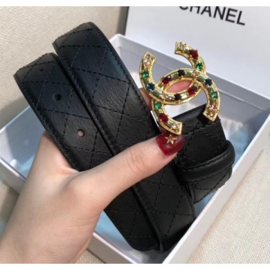 Chanel Width 3cm Quilting Leather Belt with Multicolor Crystal CC Buckle Black 2020 Collection CE00562